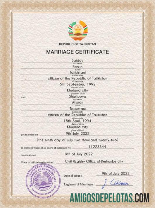 para download Modelo PSD de certidão de casamento no Tadjiquistão
