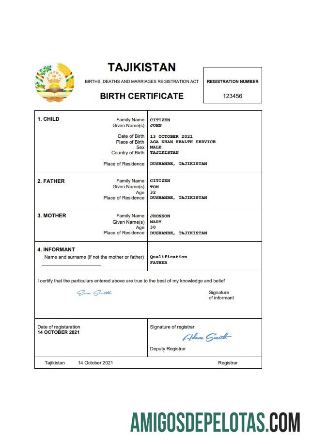 para download Modelo Word e PDF de certidão de nascimento de registro vital do Tadjiquistão