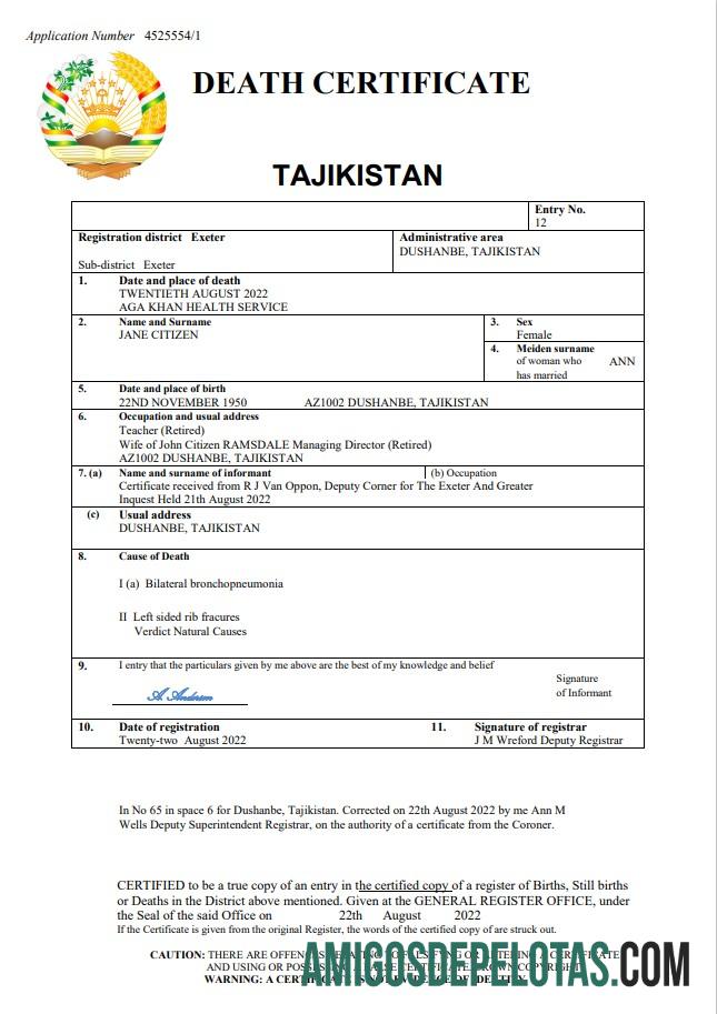 Em branco modelo Word e PDF de certidão de óbito de registro vital do Tadjiquistão