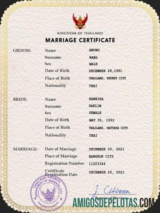 para download Modelo PSD de certidão de casamento na Tailândia