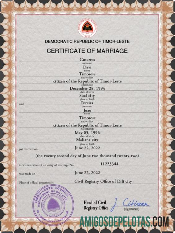 para download Modelo PSD de certidão de casamento de Timor Leste