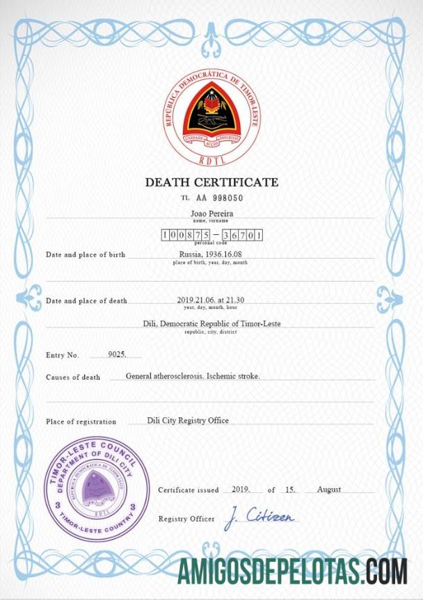 Imprimível modelo PSD de certidão de óbito de registro vital de Timor Leste