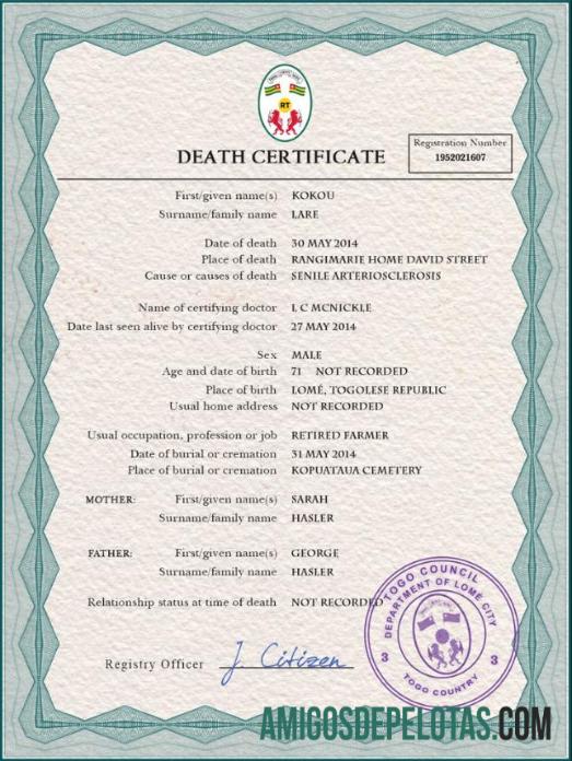Imprimível modelo PSD de certidão de óbito de Togo