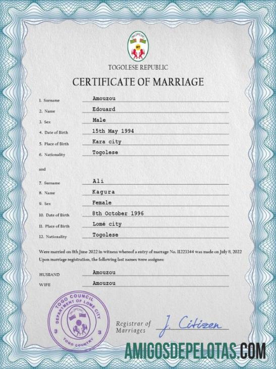para download Modelo PSD de certidão de casamento do Togo