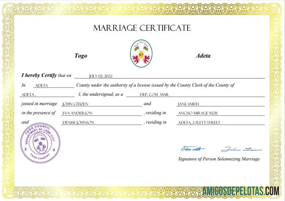 para download Modelo Word e PDF de certidão de casamento do Togo