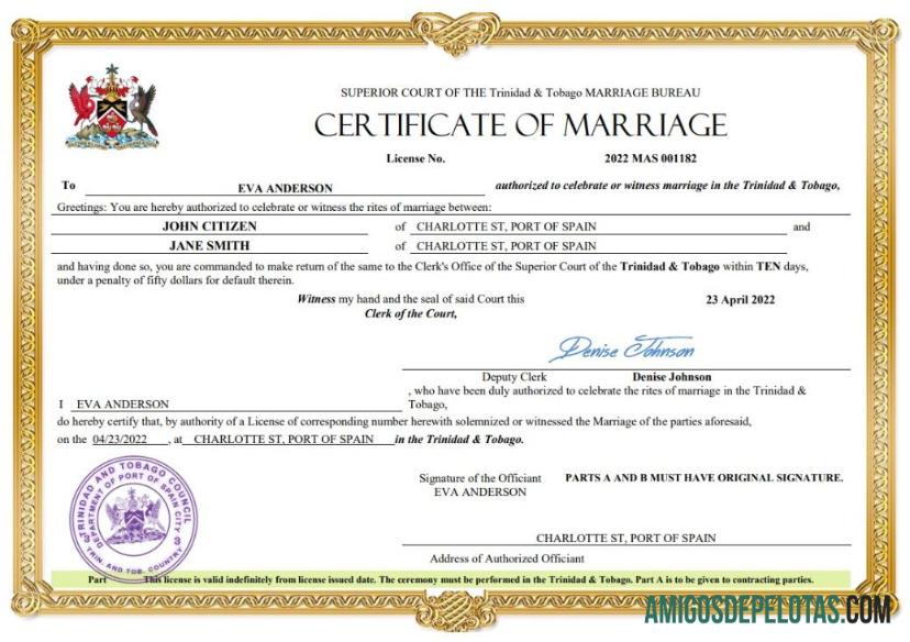 para download Modelo Word e PDF de certidão de casamento de Trinidad e Tobago