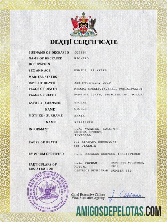 realista Modelo PSD de certidão de óbito de registro vital de Trinidad e Tobago