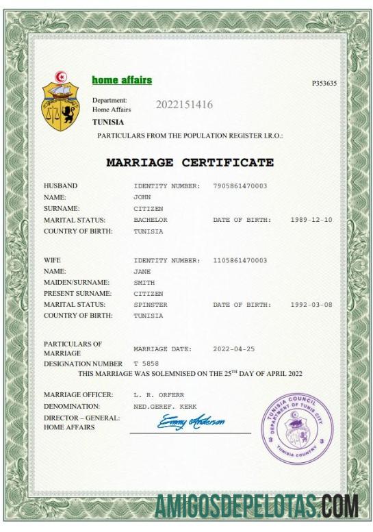 para download Modelo Word e PDF de certidão de casamento na Tunísia