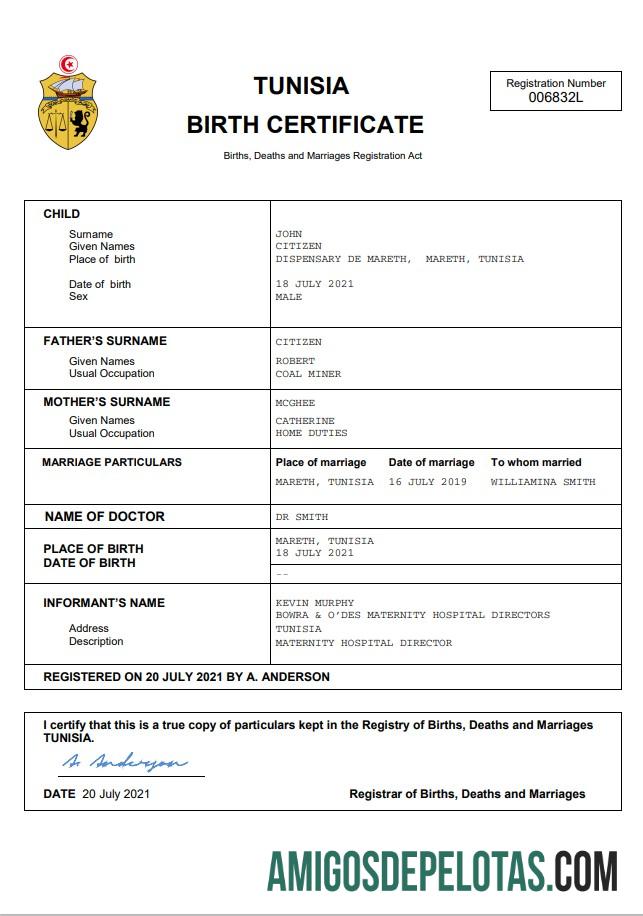 Imprimível modelo Word e PDF de certidão de nascimento de registro vital da Tunísia
