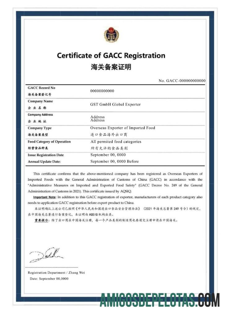 Certificado de Turquia de amostra PSD de registro GACC baixar para verificação