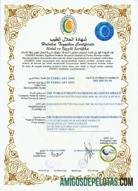 Amostra PSD do certificado Halalen Tayyiben da Turquia baixar para verificação