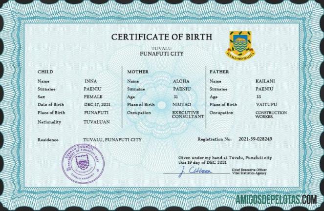 para download Modelo PSD de certidão de nascimento de registro vital de Tuvalu
