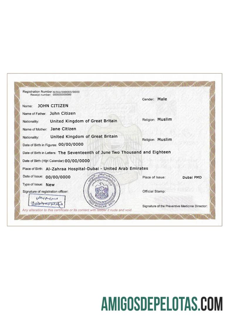 Certidão de nascimento dos Emirados Árabes Unidos versão 3 baixar para verificação