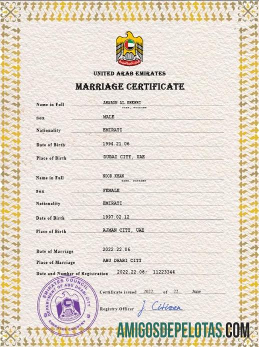Imprimível modelo PSD de certidão de casamento dos Emirados Árabes Unidos