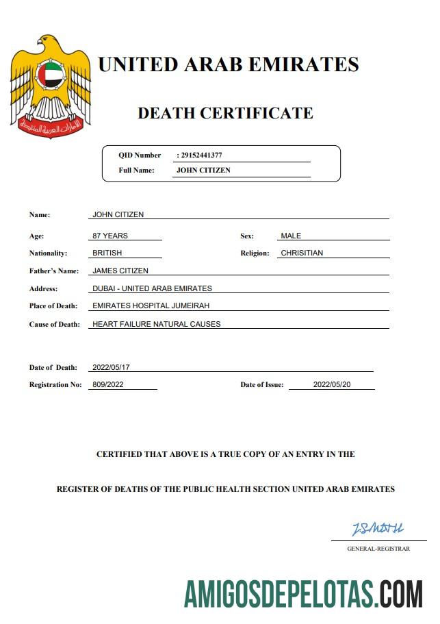 Imprimível modelo Word e PDF de certidão de óbito de registro vital dos Emirados Árabes Unidos