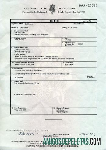 Registro de nascimentos e óbitos no Reino Unido da certidão de óbito de East Sussex exemplo real