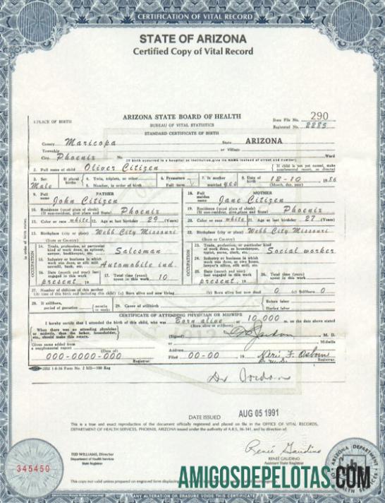 Imprimível modelo de certidão de nascimento do estado do Arizona nos EUA em formato PSD