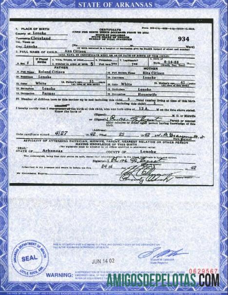Em branco modelo de certidão de nascimento do estado de Arkansas nos EUA em formato PSD