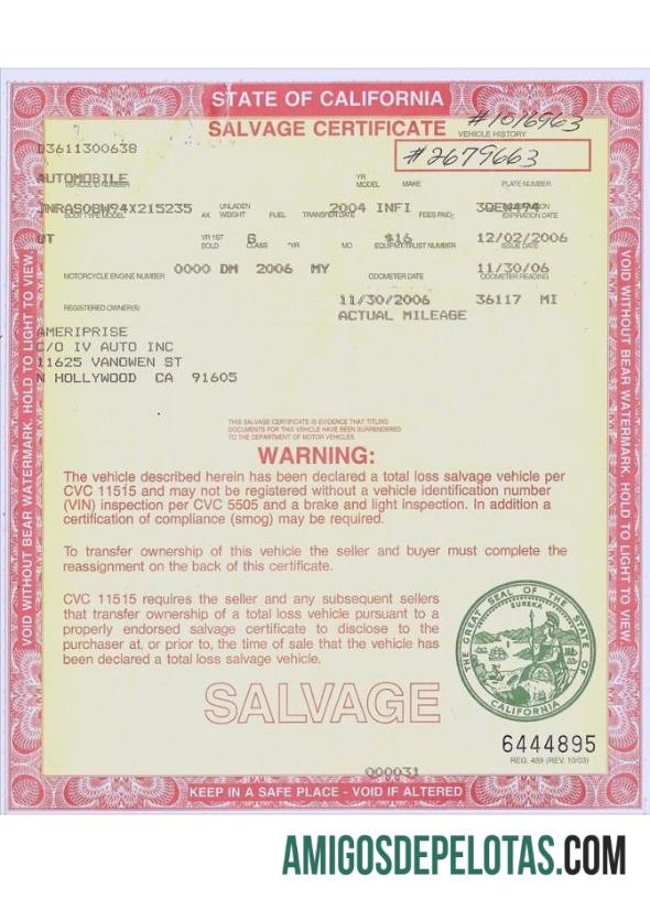 Certificado de Salvamento EUA Califórnia exemplo real