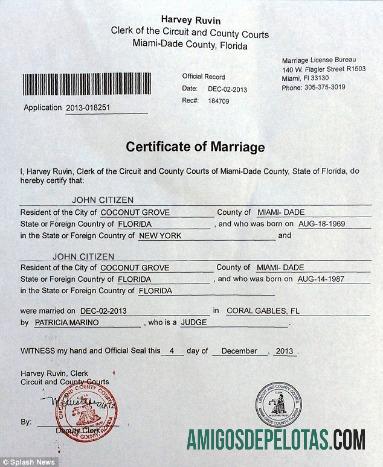 Certidão de Casamento dos Tribunais de Condado e Circuito dos EUA exemplo