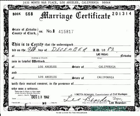 Certidão de Casamento do Registro de Casamento Civil dos EUA modelo