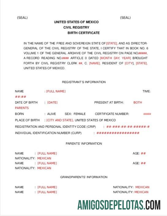 Certidão de Nascimento do Registro Civil dos EUA no México exemplo