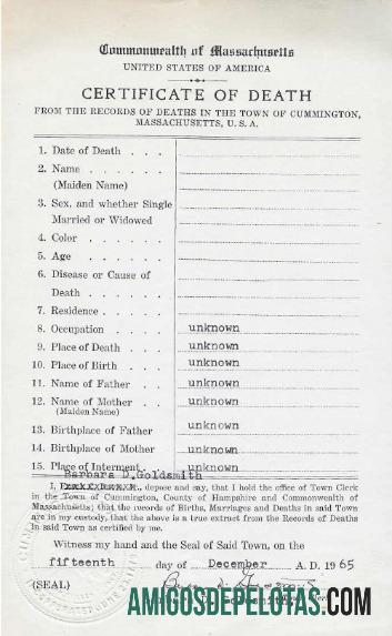 Certificado de Óbito da Comunidade de Massachusetts dos EUA exemplo real