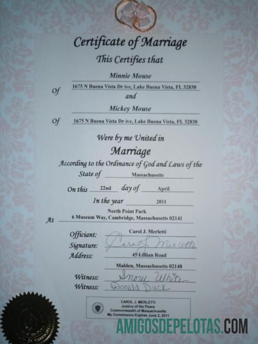 Certidão de Casamento da Comunidade dos EUA de Massachusetts exemplo real