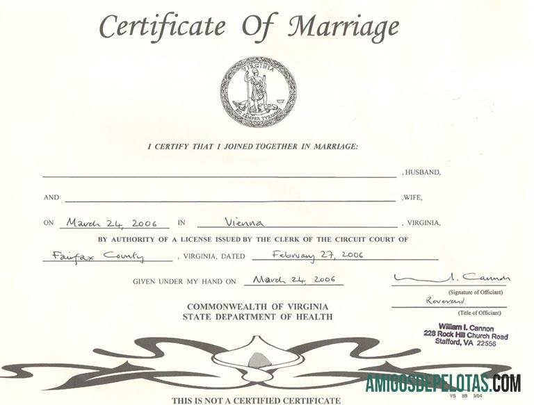Certidão de casamento do Departamento de Saúde da Comunidade da Virgínia dos EUA baixar para verificação
