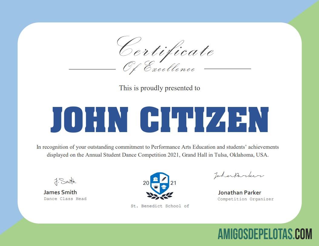 Certificado de Dança dos EUA exemplo real