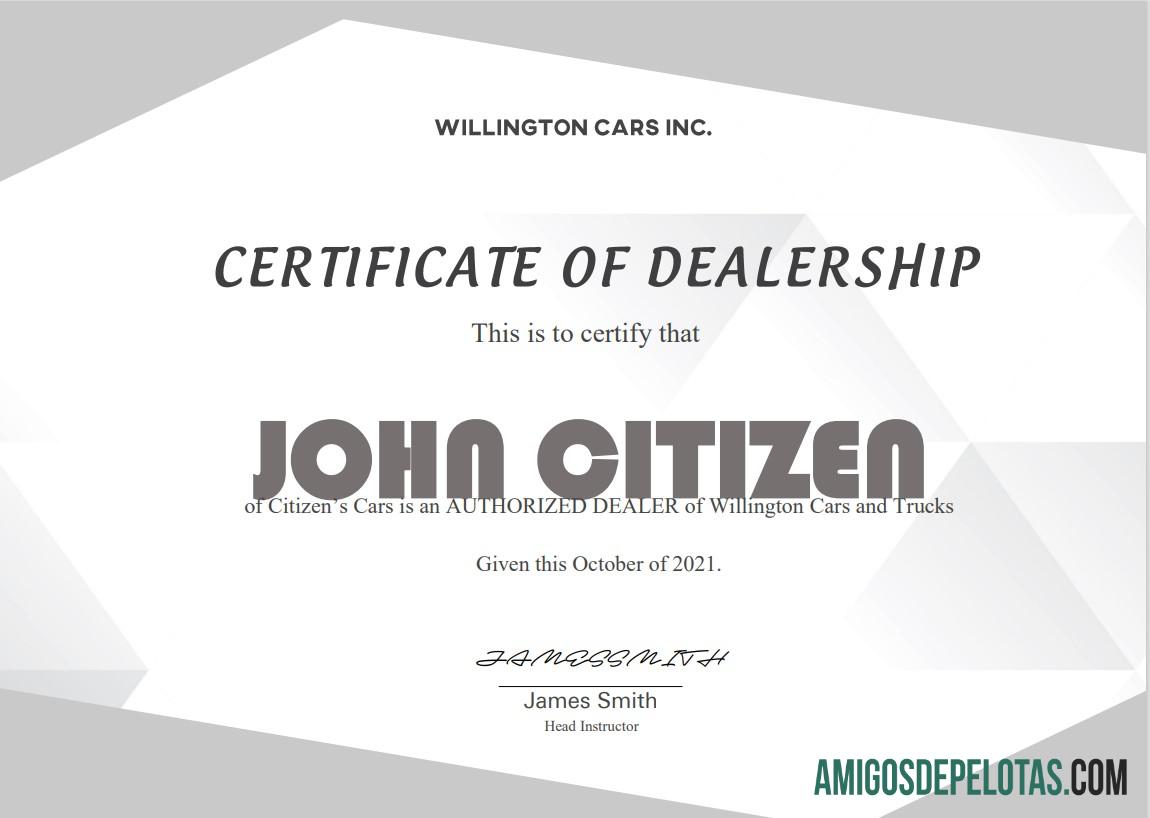 Certificado de conclusão de concessionária nos EUA modelo