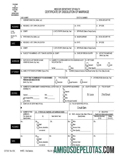 Certificado de divórcio do Departamento de Saúde dos EUA em Missouri exemplo