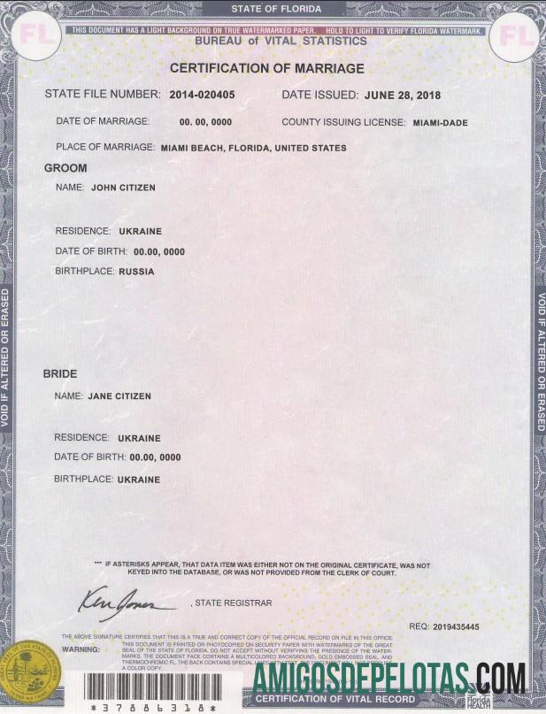 Imprimível modelo de certidão de casamento do estado da Flórida nos EUA em formato PSD