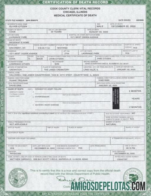 para download Modelo de certidão de óbito do estado de Illinois nos EUA em formato PSD