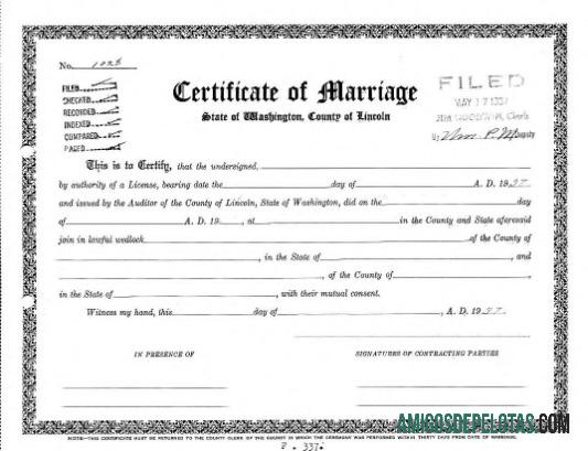 Registrador de casamento nos EUA, certificado de casamento em Washington exemplo