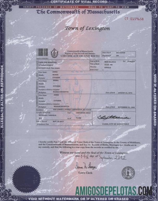 para download Modelo de certidão de nascimento do estado de Massachusetts dos EUA em formato PSD