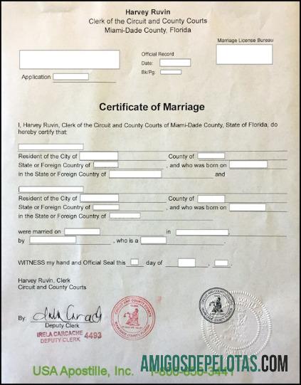 Certidão de casamento nos EUA, Miami Dade, condado da Flórida modelo