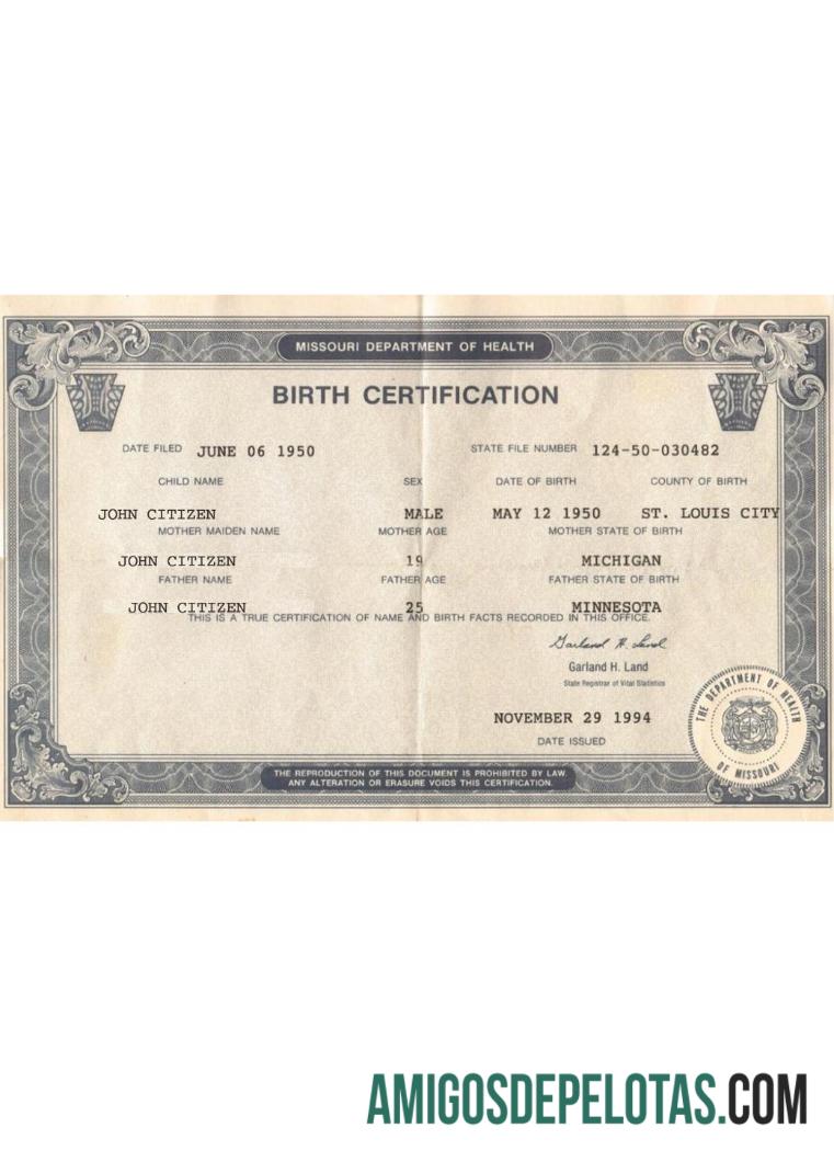 Certidão de nascimento nos EUA Missouri exemplo real