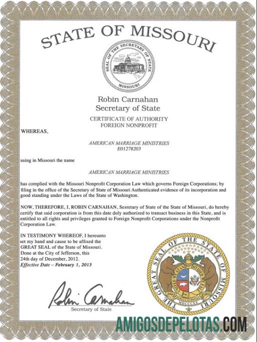 Imprimível modelo de certidão de casamento nos EUA Missouri em formato PSD