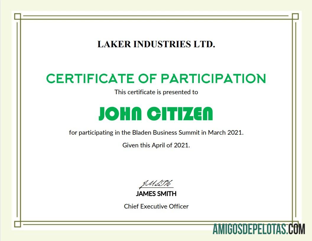 Certificado de Participação Moderna dos EUA amostra