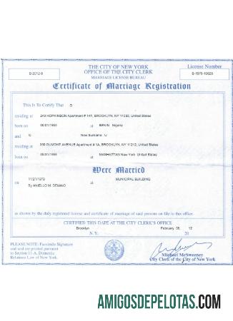 Certificado de registro de casamento nos EUA e Nova York amostra