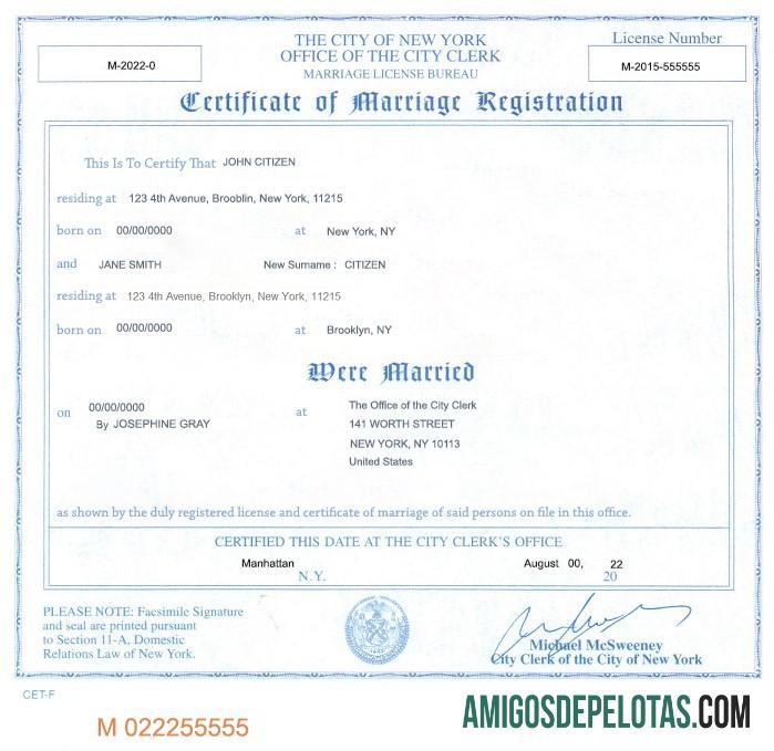 para download Modelo de certidão de casamento do estado de Nova York nos EUA em formato PSD