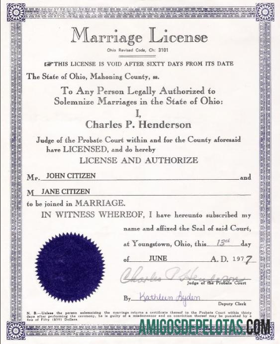 Certidão de casamento nos EUA em Ohio amostra