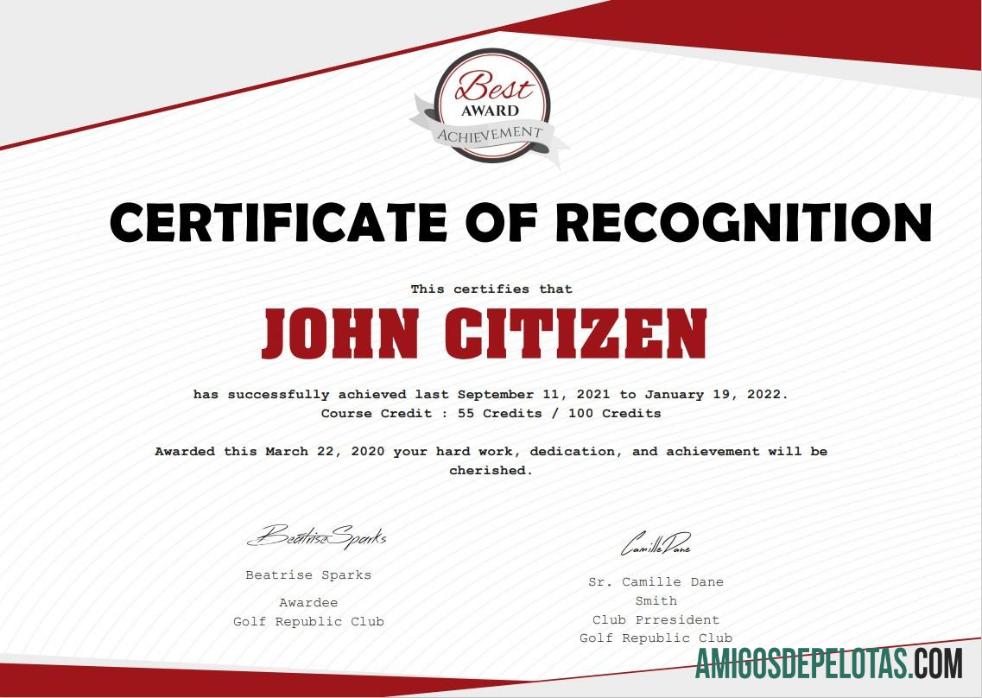 Certificado de Reconhecimento dos EUA Versão 2 amostra