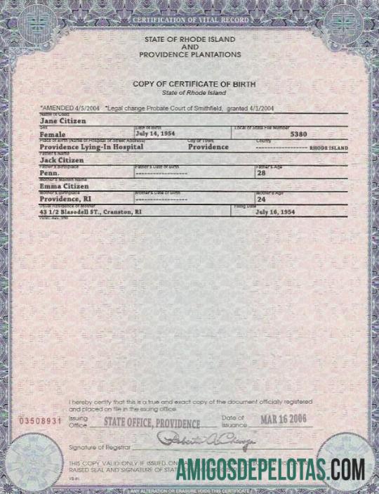 Em branco modelo de certidão de nascimento do estado de Rhode Island nos EUA em formato PSD