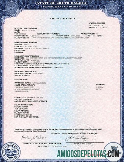 Imprimível modelo de certidão de óbito do estado de Dakota do Sul dos EUA em formato PSD