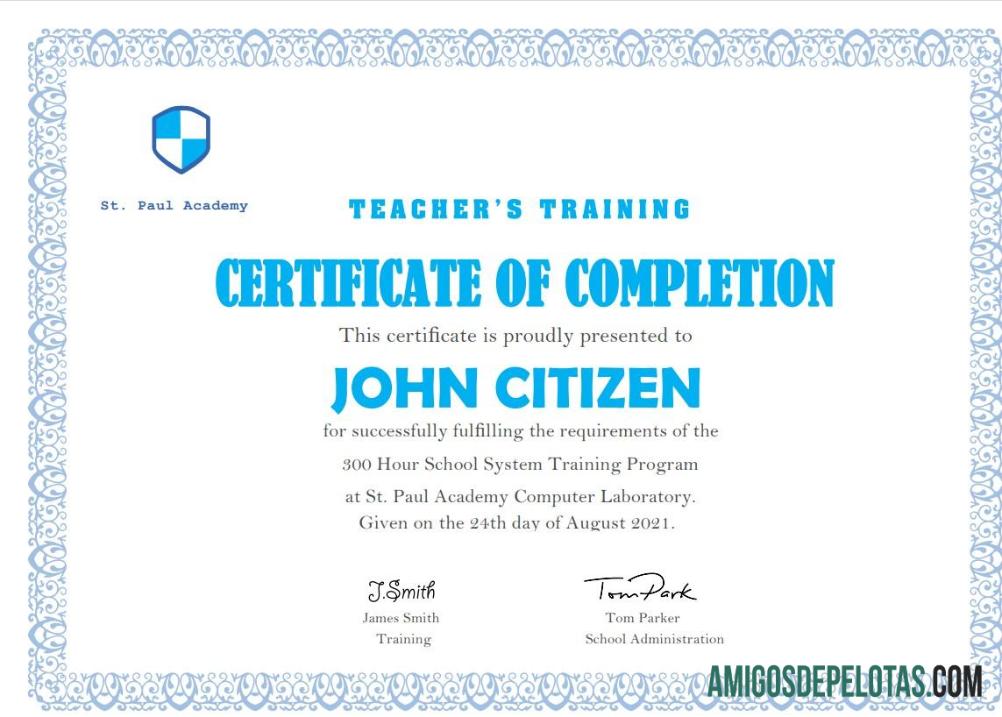 Certificado de conclusão de treinamento de professores nos EUA amostra