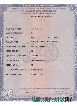 Certificado de Nascido Vivo nos EUA, Virgínia exemplo real