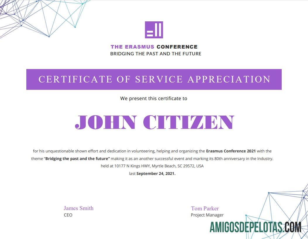 Certificado de Voluntário dos EUA exemplo