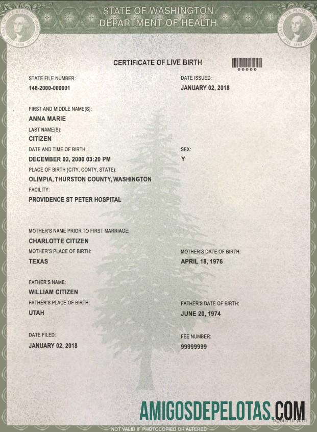 para download Modelo de certidão de nascimento do estado de Washington nos EUA em formato PSD